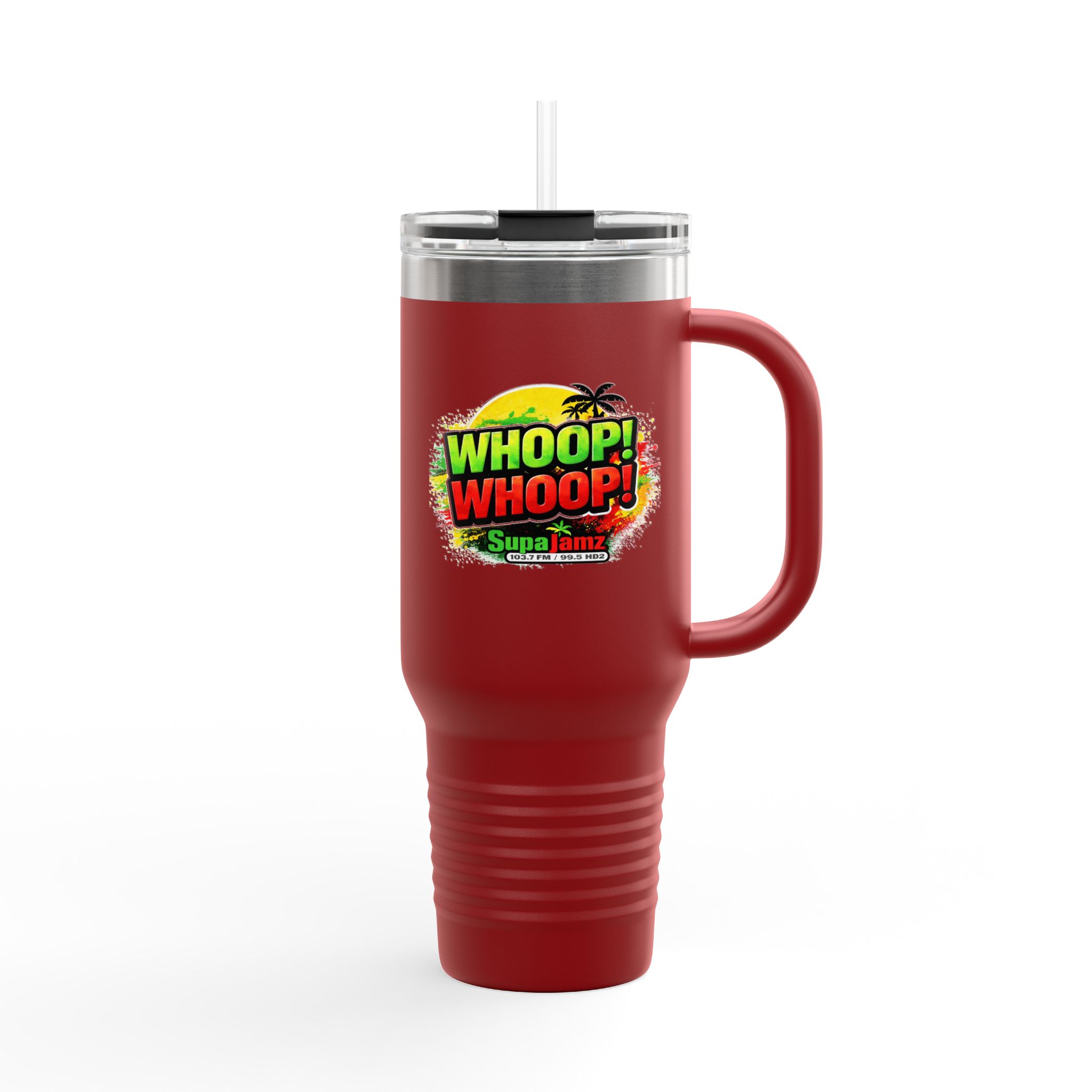 40oz Insulated Travel Mug — "Whoop! Whoop!" Tropical Logo, Double-Wall Stainless Steel